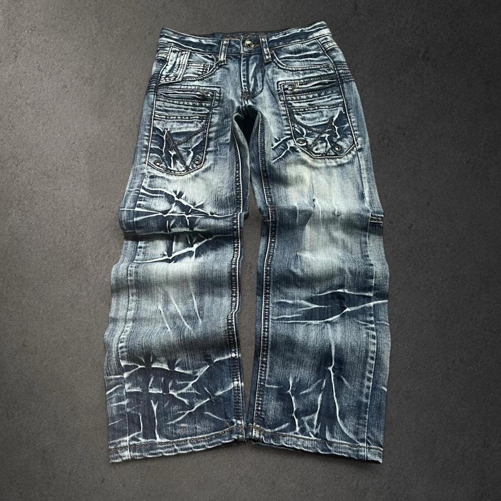Women’s Distressed Blue Wash Jeans - Casual Wide Leg